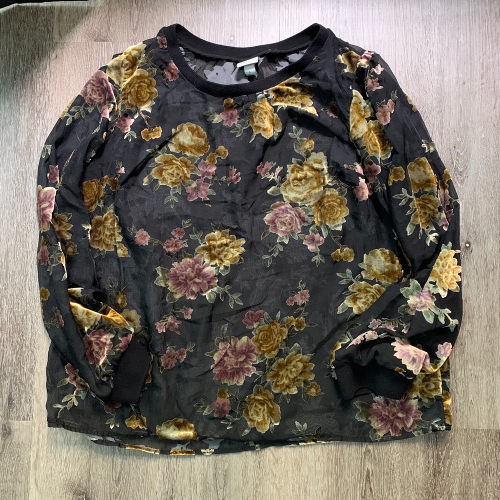 A New Day Floral Sheer Long Sleeve Top Size Large